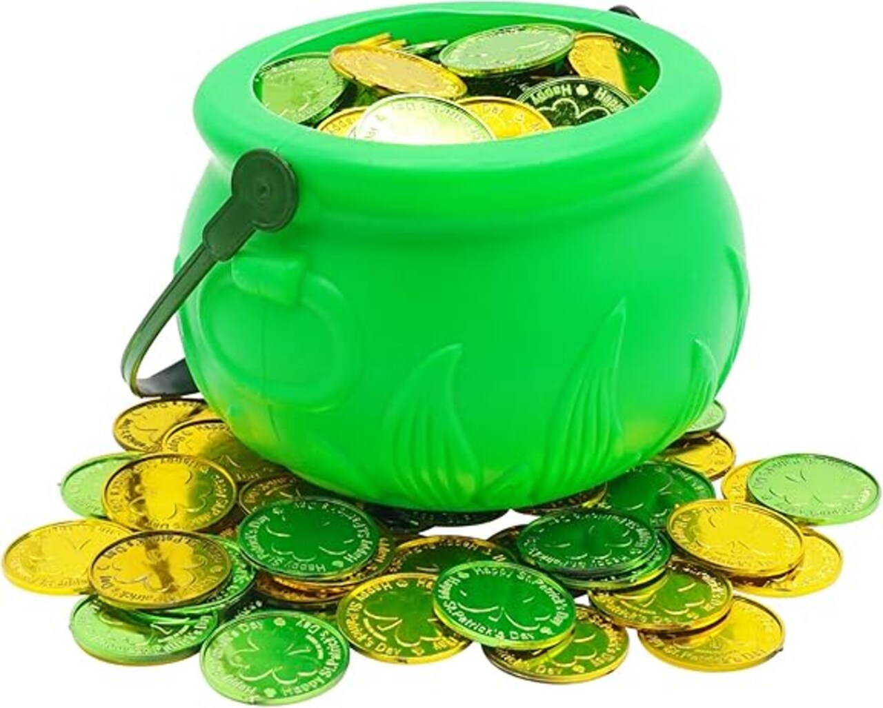 5" St Patrick’s Day Pot of Gold with 100 Lucky Coins - Green Pot of Gold Cauldron Plastic Bucket for Leprechaun Decorations, Green & Gold Coins Plastic Bulk by 4E's Novelty